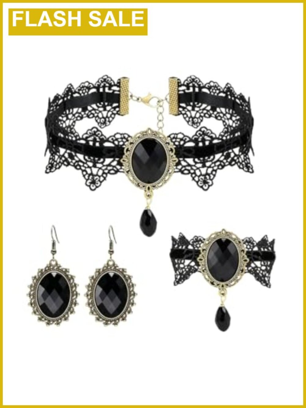 Gothic Black Lace Choker Necklace Earring Bracelet Jewelry Set Women Cosplay